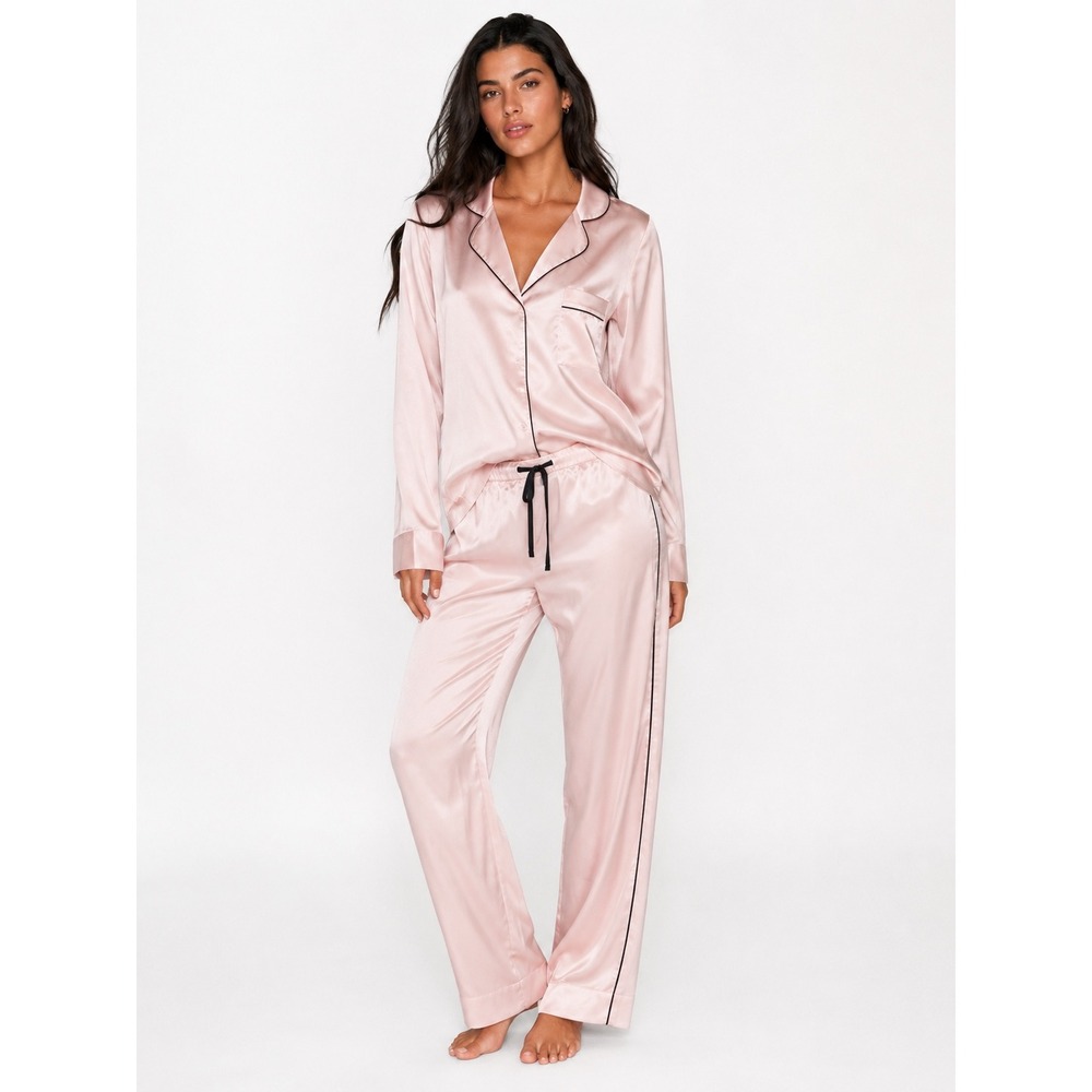 La Senza Pink Satin Pajama Set Long Sleeve Button Top Pants Small NWT